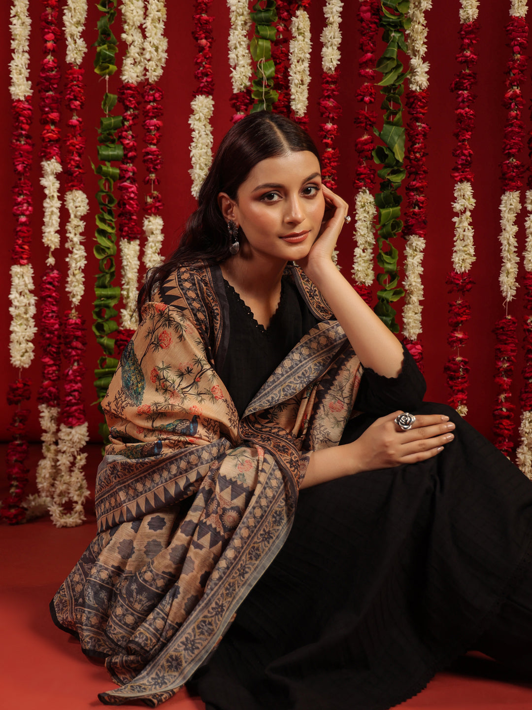 Women's Black Cotton Kurta Set with Printed Chanderi Dupatta