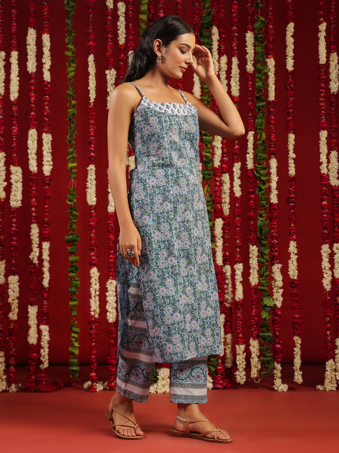 Women's Designer Blue Printed Cotton Suit Set
