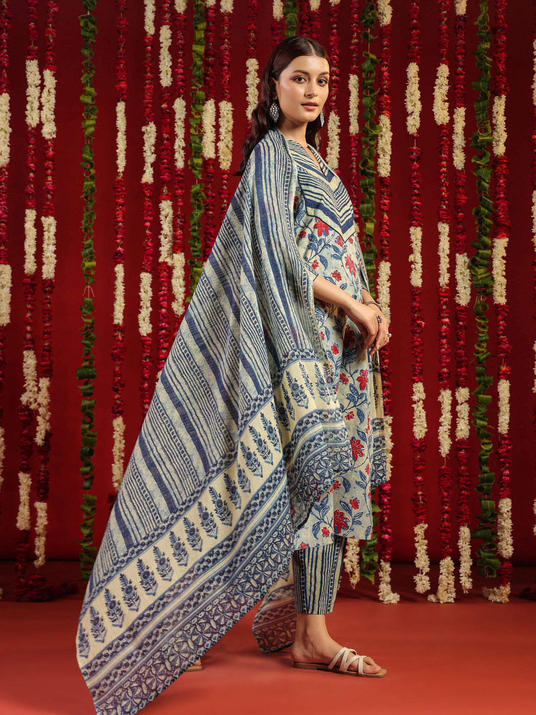 Women's Blue Cotton Kurta Set with Printed Dupatta