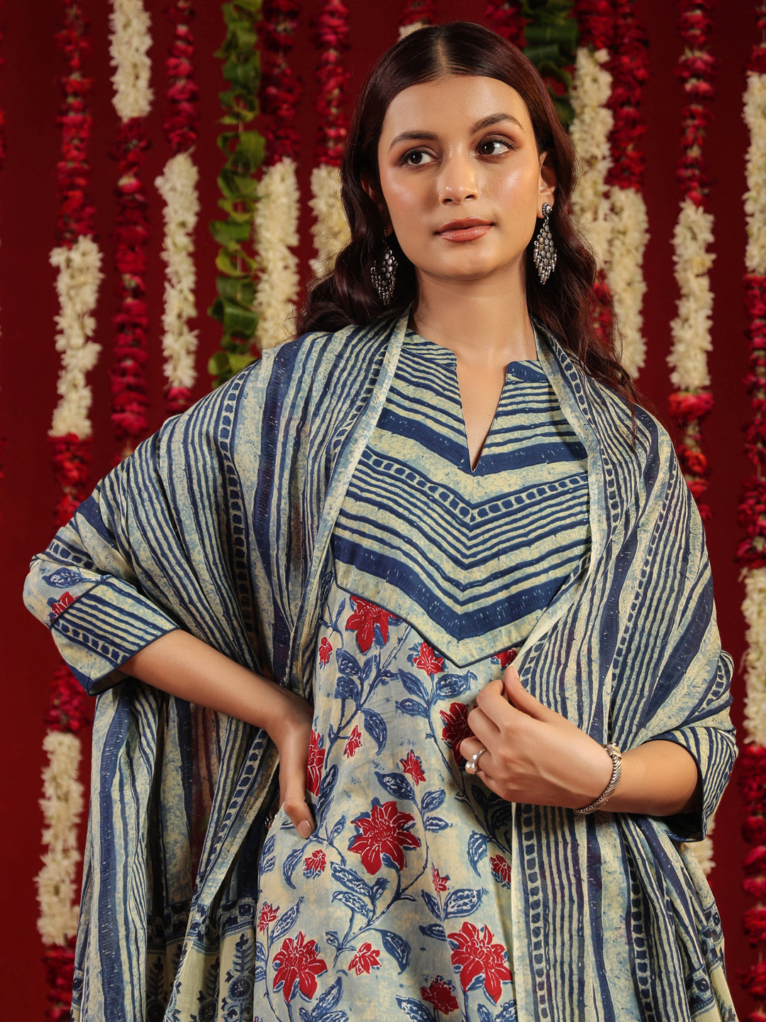 Women's Blue Cotton Kurta Set with Printed Dupatta