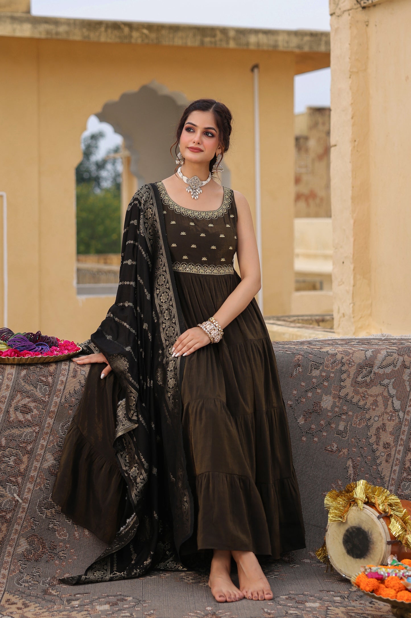 Women's Black Sleeveless Tiered Anarkali set