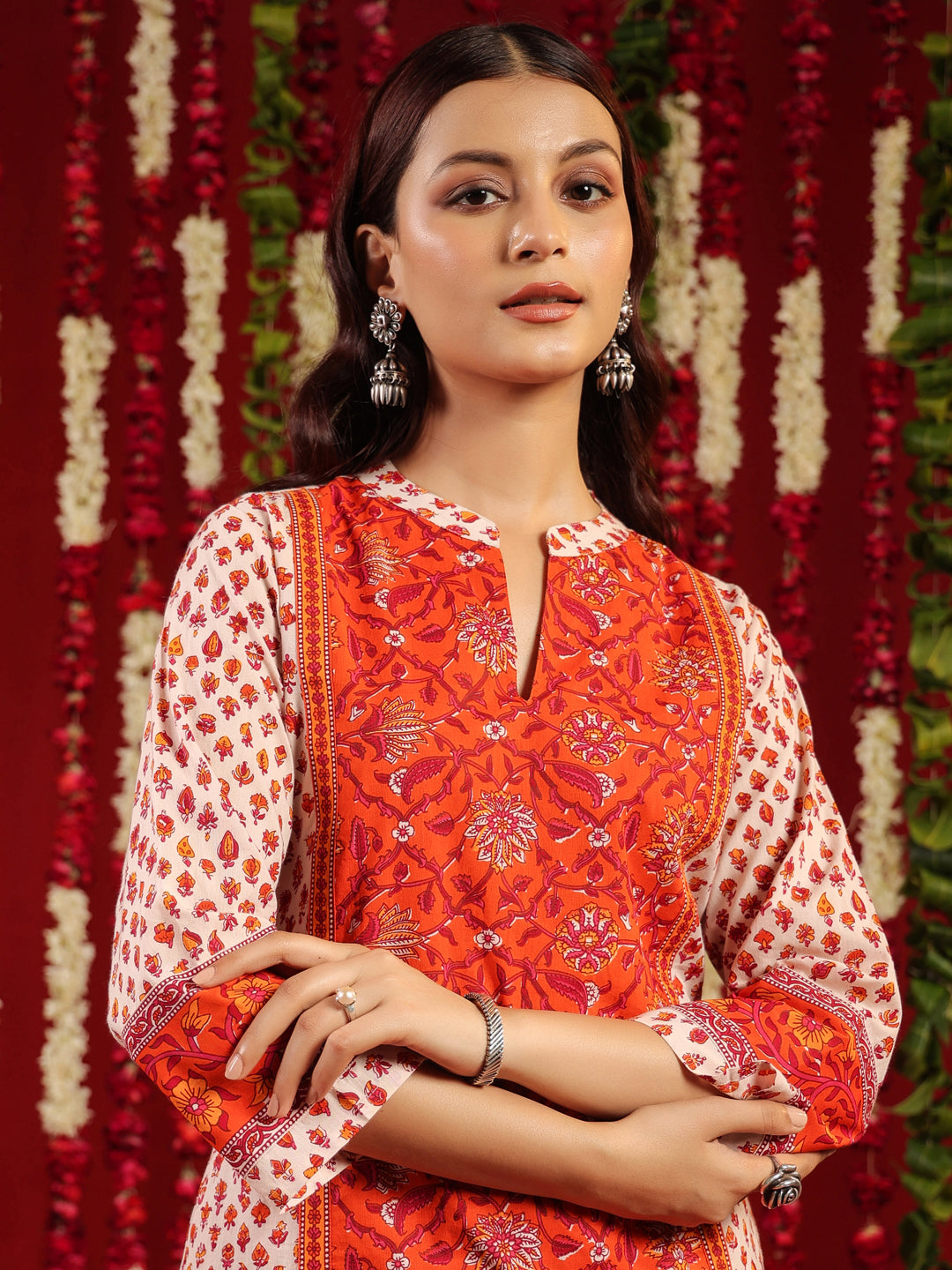 Women's Orange & White Printed Cotton Suit Set