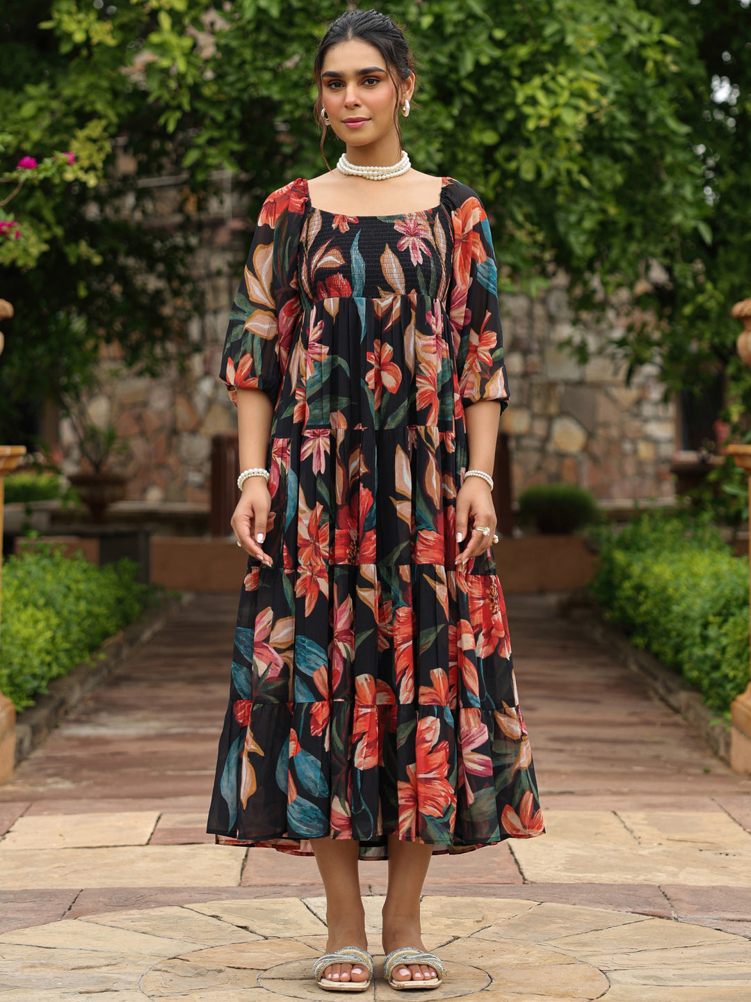 Women's Long Floral Dress With Balloon Sleeves