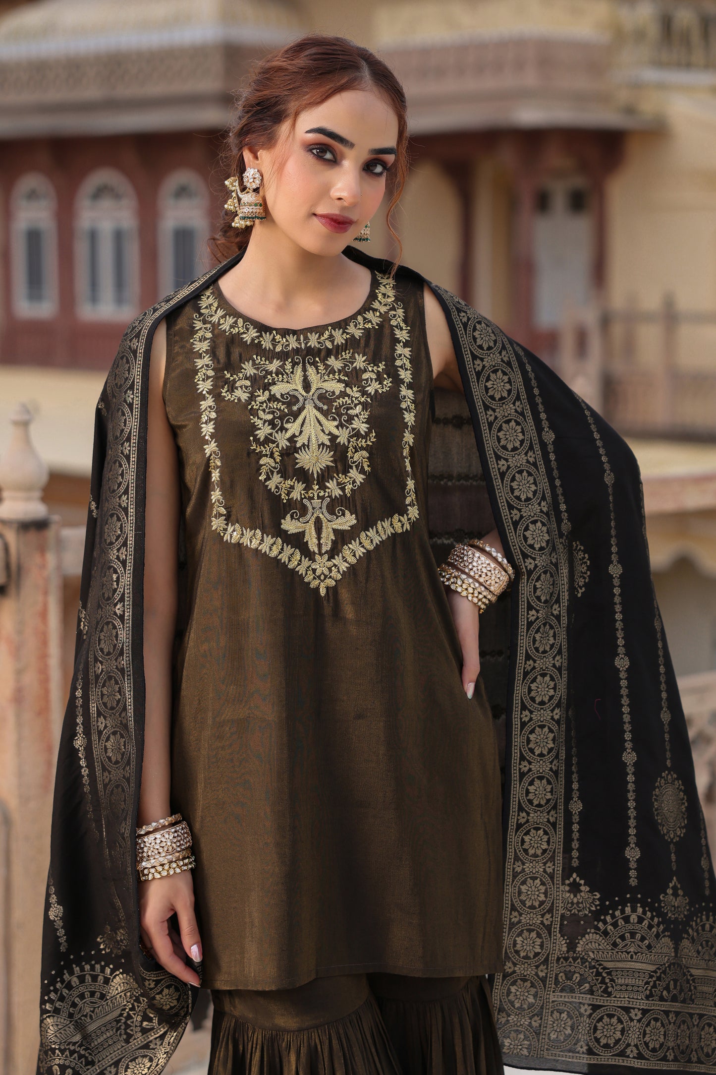 Women's Black Embroidered Sharara Set