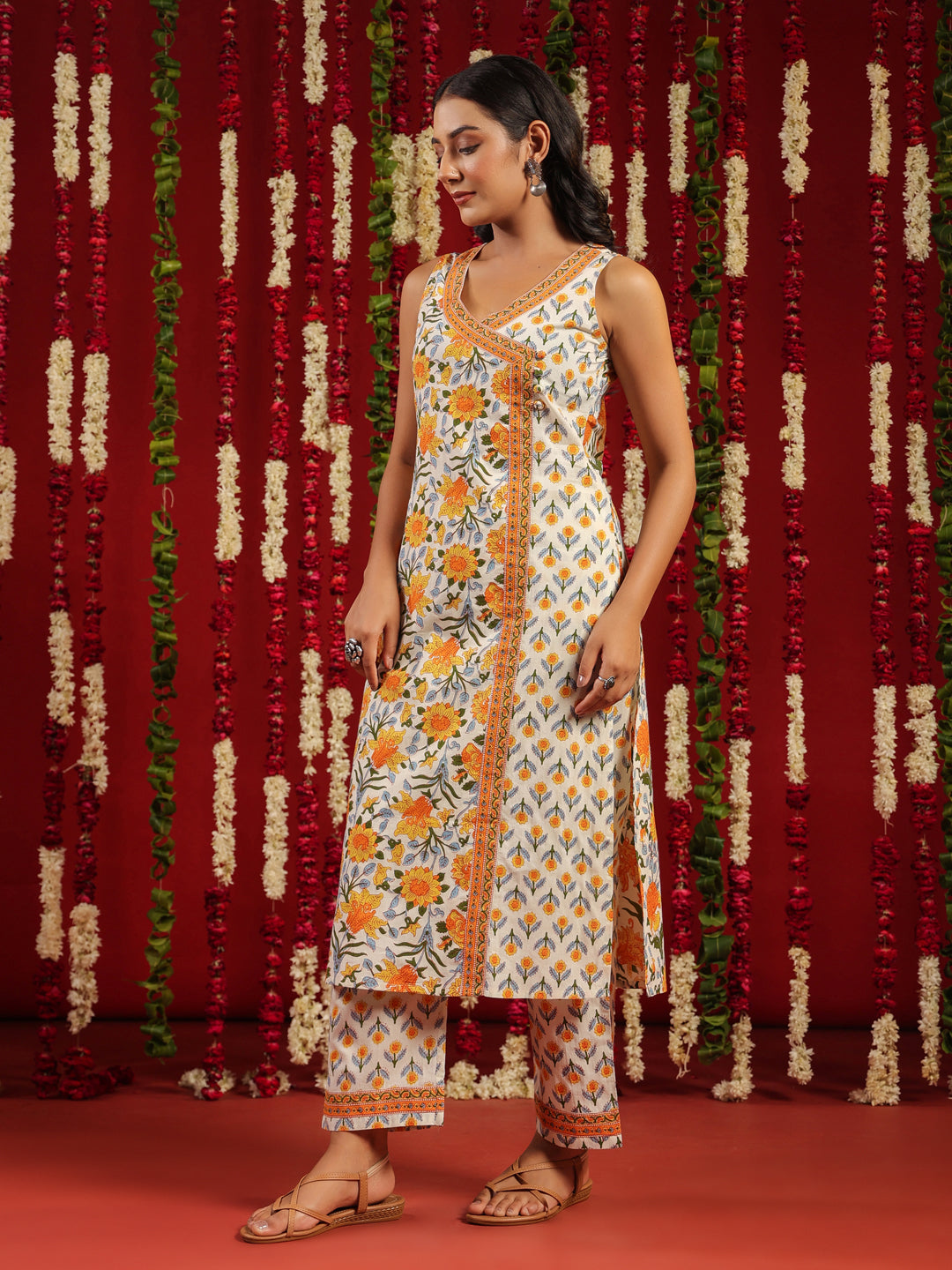 Women's Yellow Printed Cotton Suit Set
