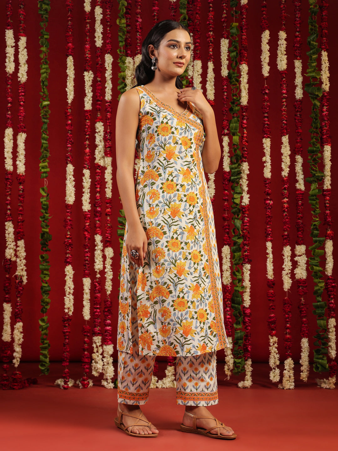 Women's Yellow Printed Cotton Suit Set