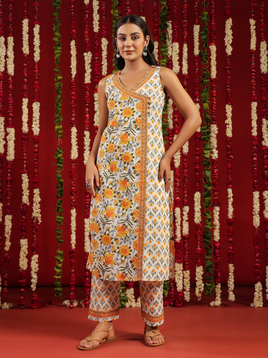 Women's Yellow Printed Cotton Suit Set