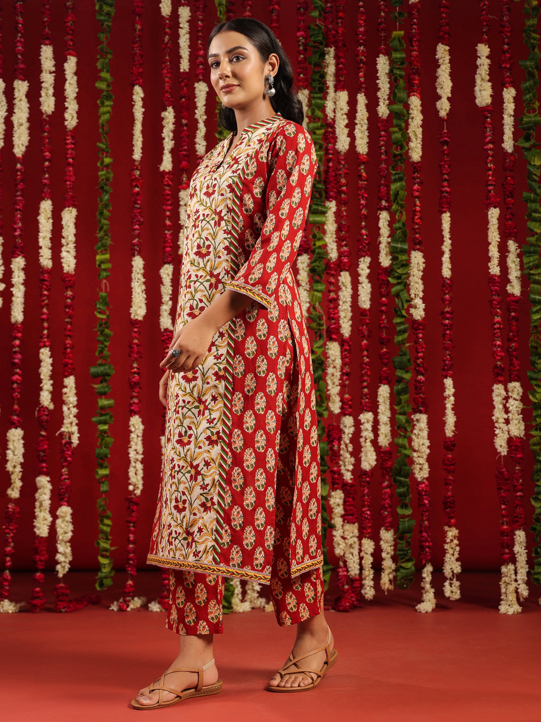 Women's Red Printed Cotton Suit Set