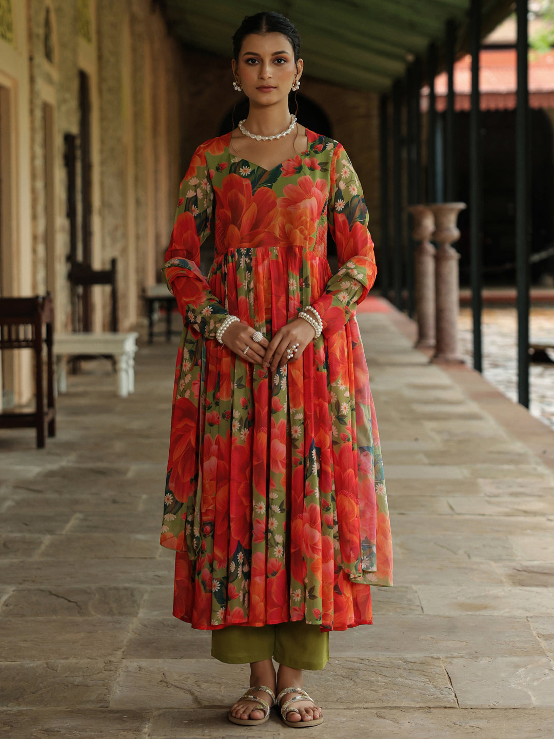 Women's Floral Flared Anarkali Set
