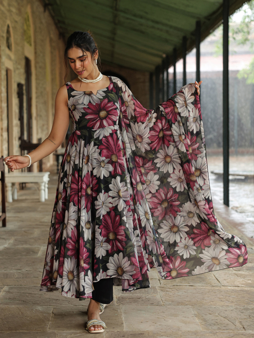 Women's Floral Flared Anarkali Set