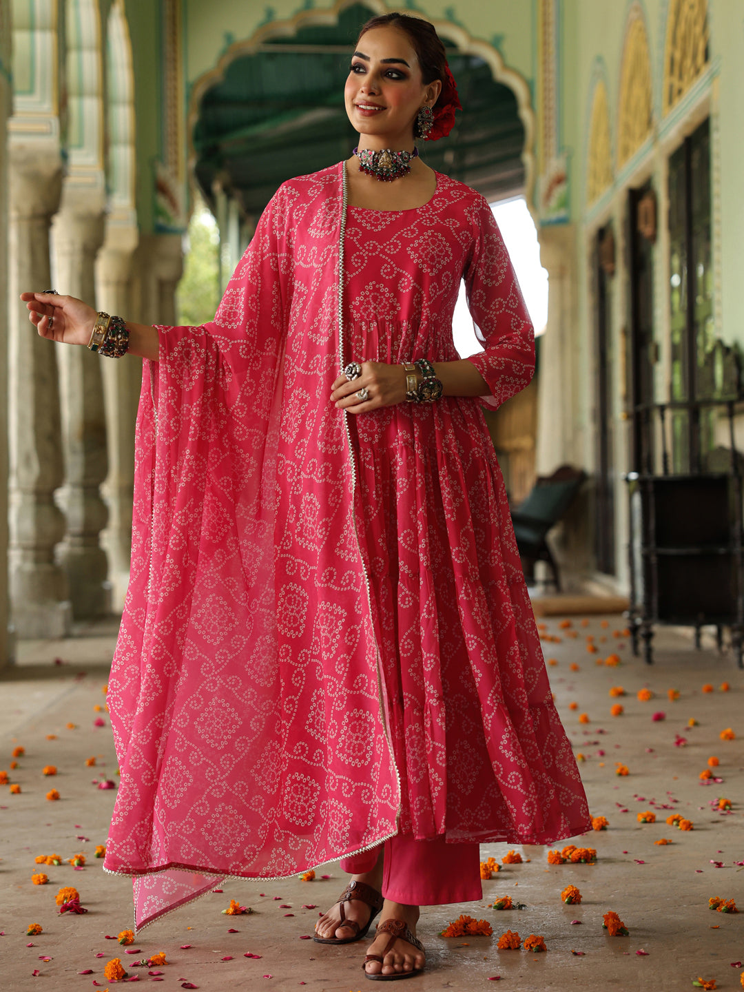 Women's Bandhani Tiered Anarkali set