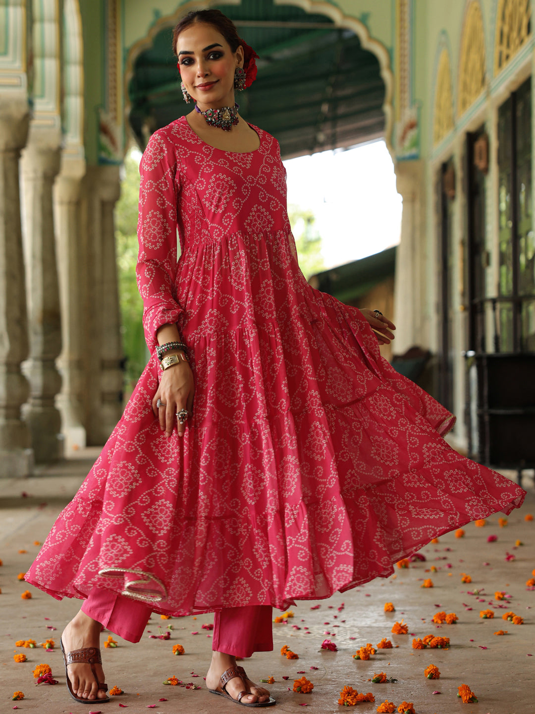 Women's Bandhani Tiered Anarkali set