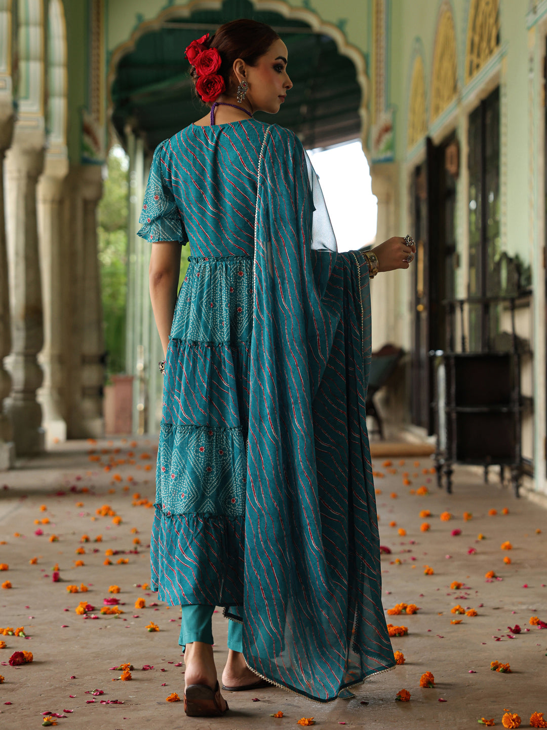 Women's Dual Printed Tiered Anarkali Kurta Set