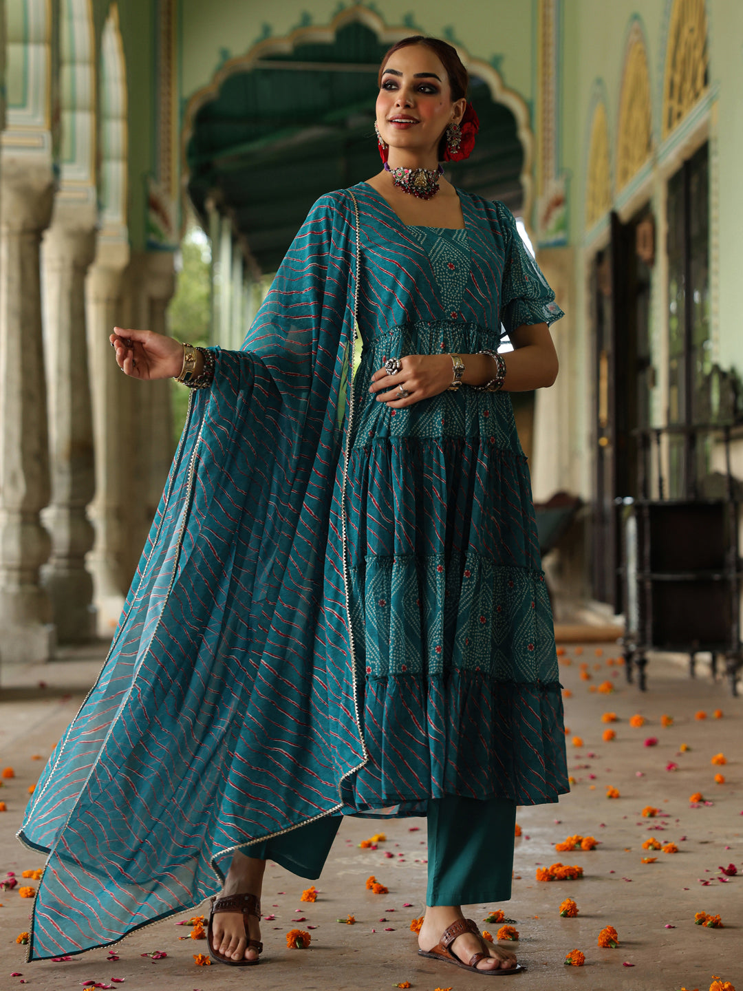 Women's Dual Printed Tiered Anarkali Kurta Set
