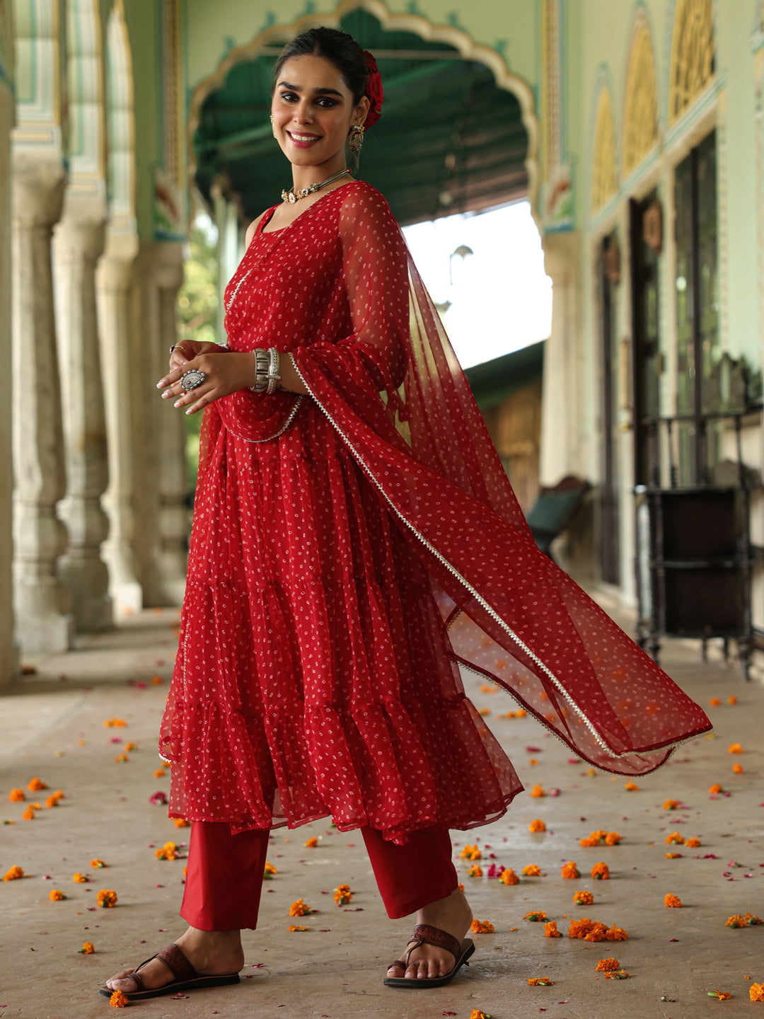 Women's Bandhani Tiered Anarkali Set