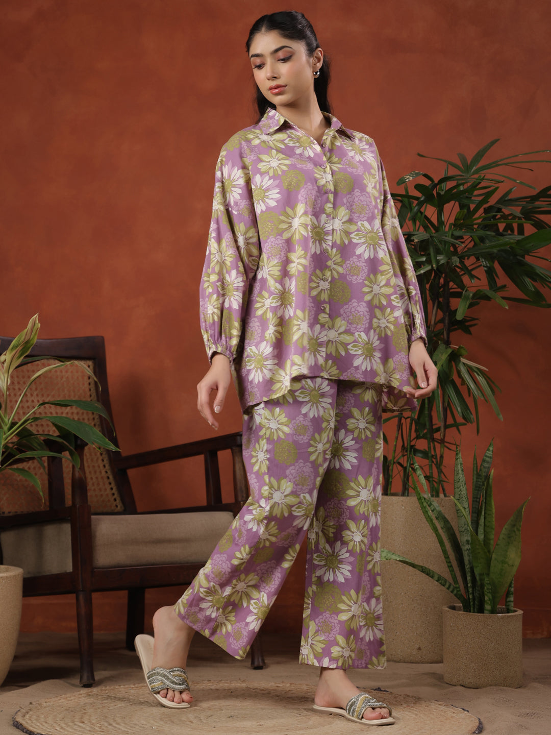 Women's Floral Purple Cotton Printed Co ord Set
