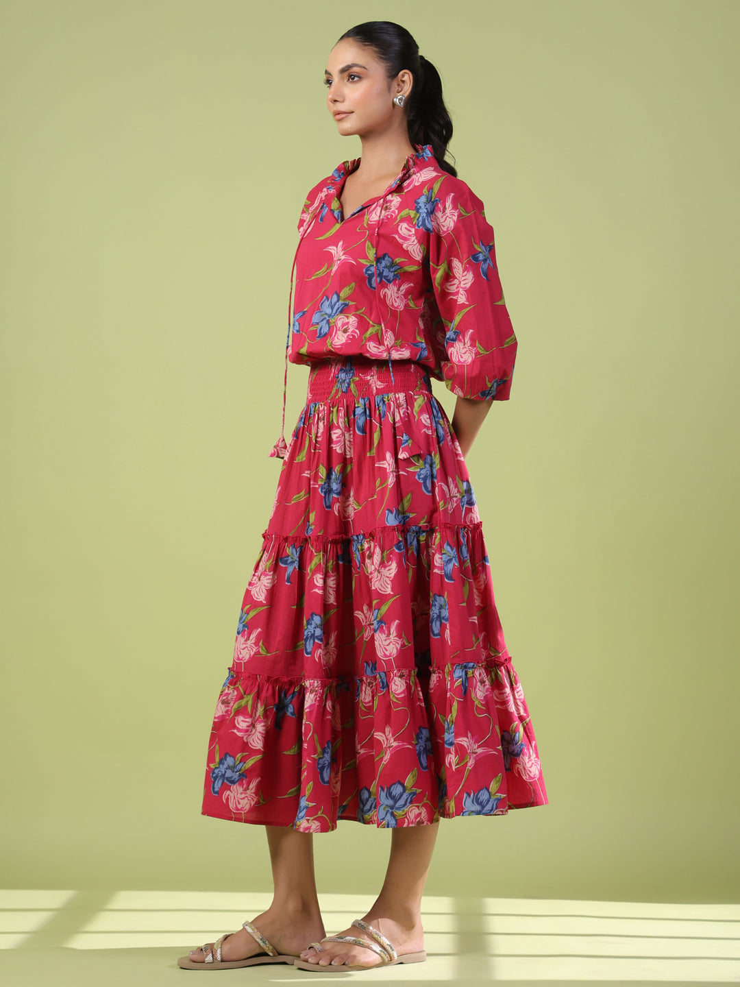 Women's Balloon Sleeves Tiered Flared Dress