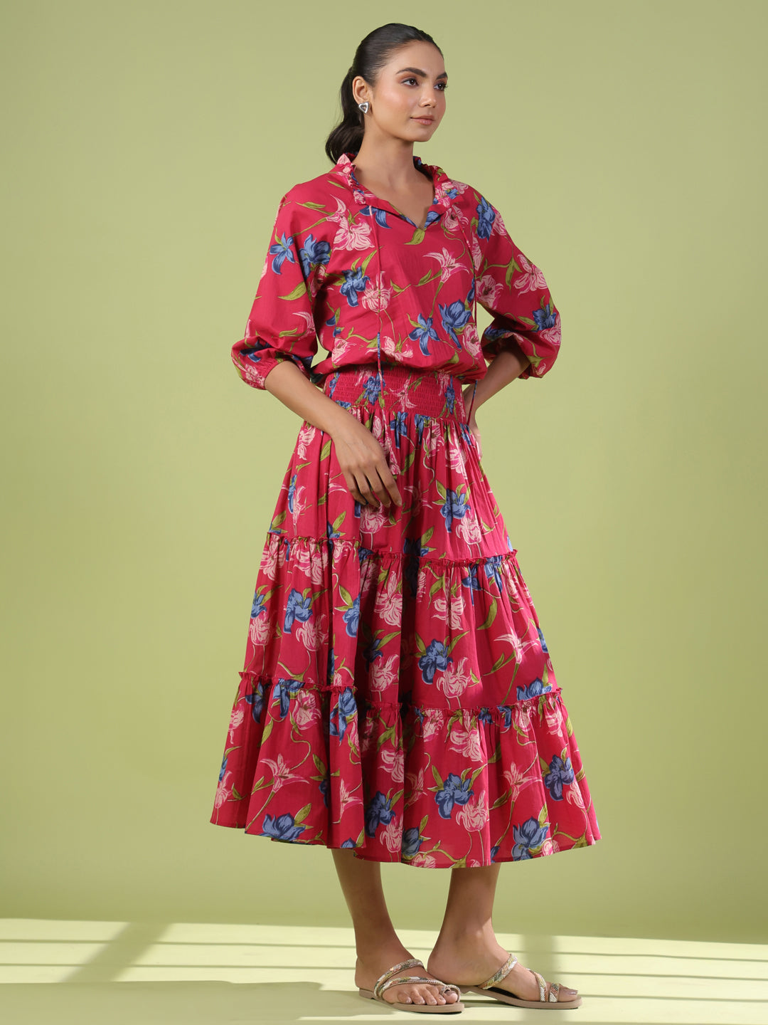 Women's Balloon Sleeves Tiered Flared Dress