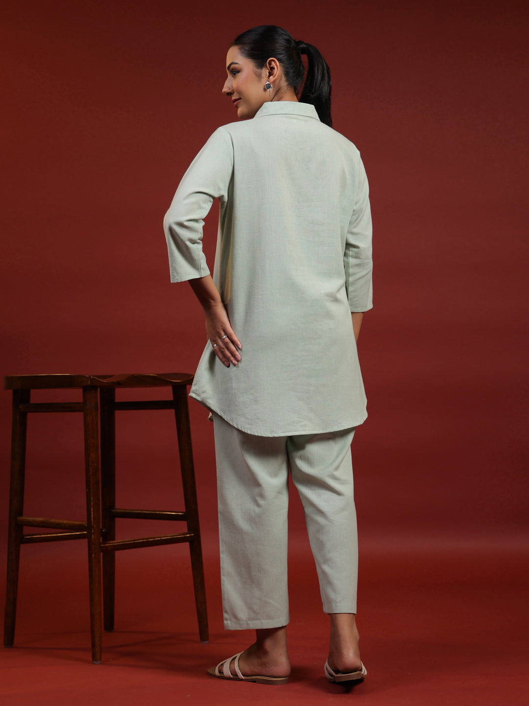 Women's Green Cotton Collared Short Kurta Top with Trousers