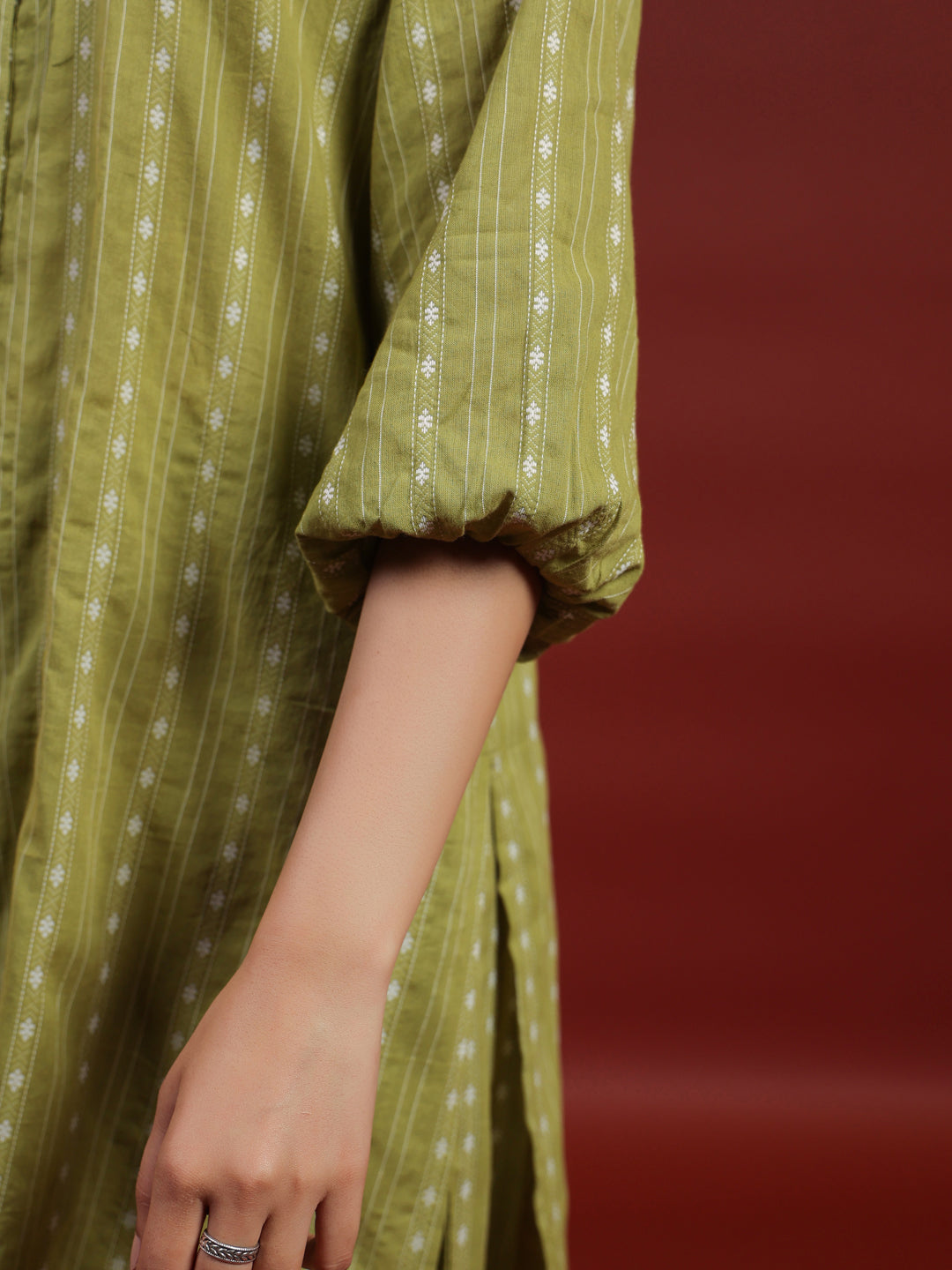 Womens's Green Cotton Button Up Kurta with Trousers