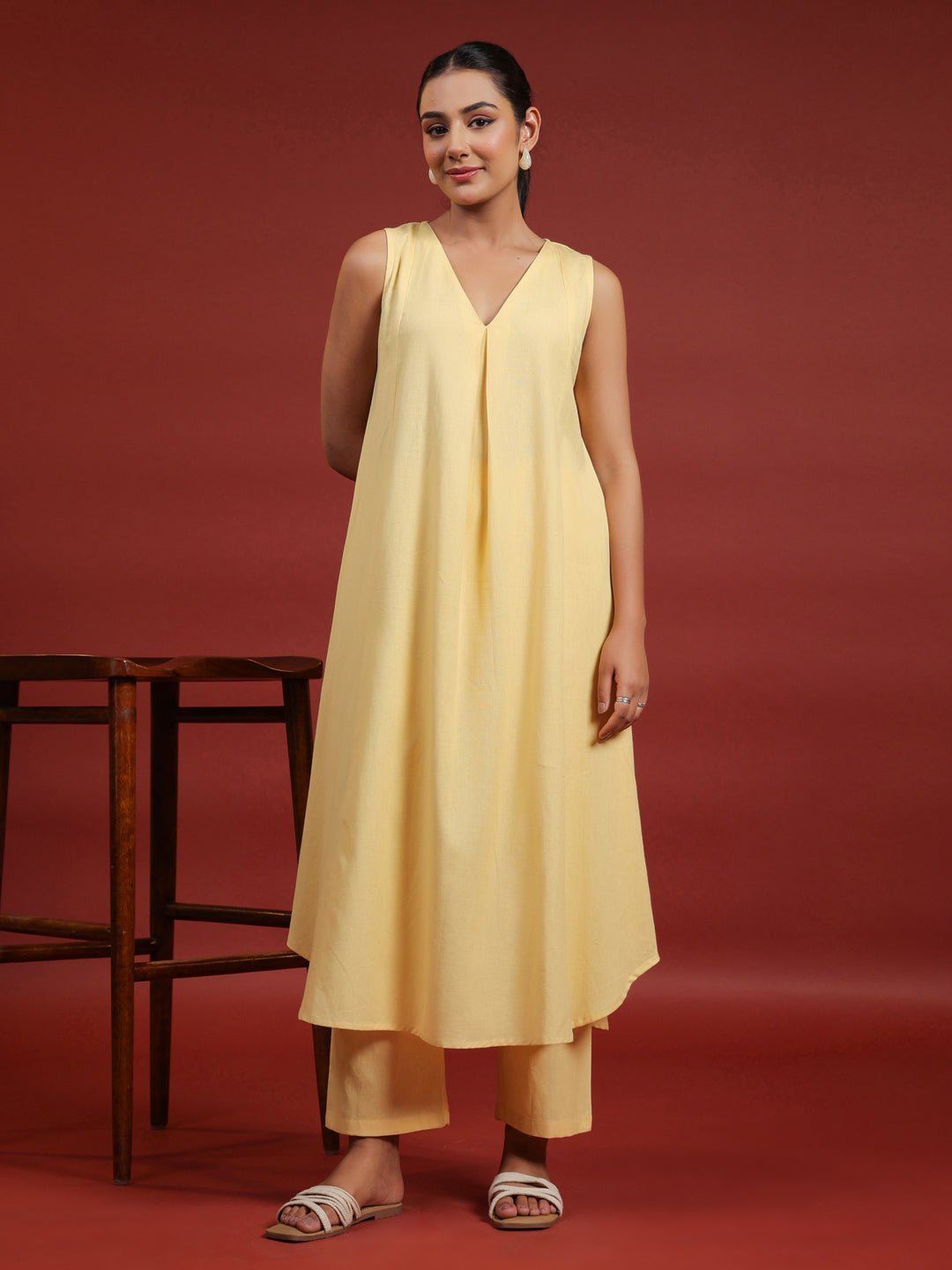 Women's Yellow Cotton A line Kurta with Trousers
