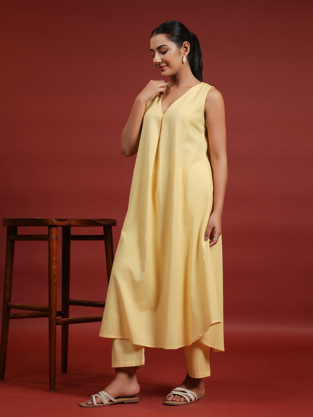 Women's Yellow Cotton A line Kurta with Trousers