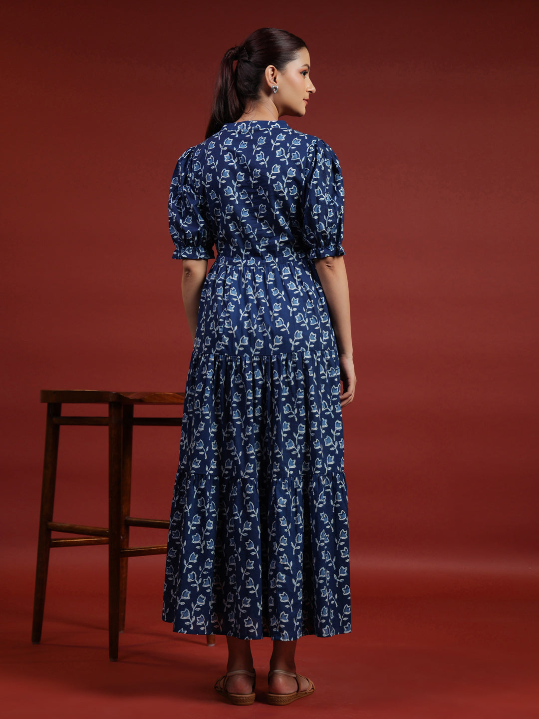 Women's Navy Blue Printed Tier Dress