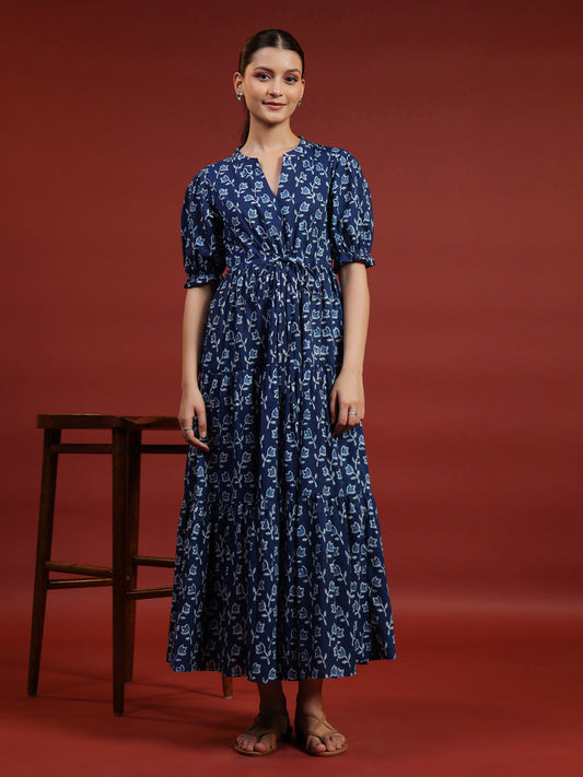 Women's Navy Blue Printed Tier Dress