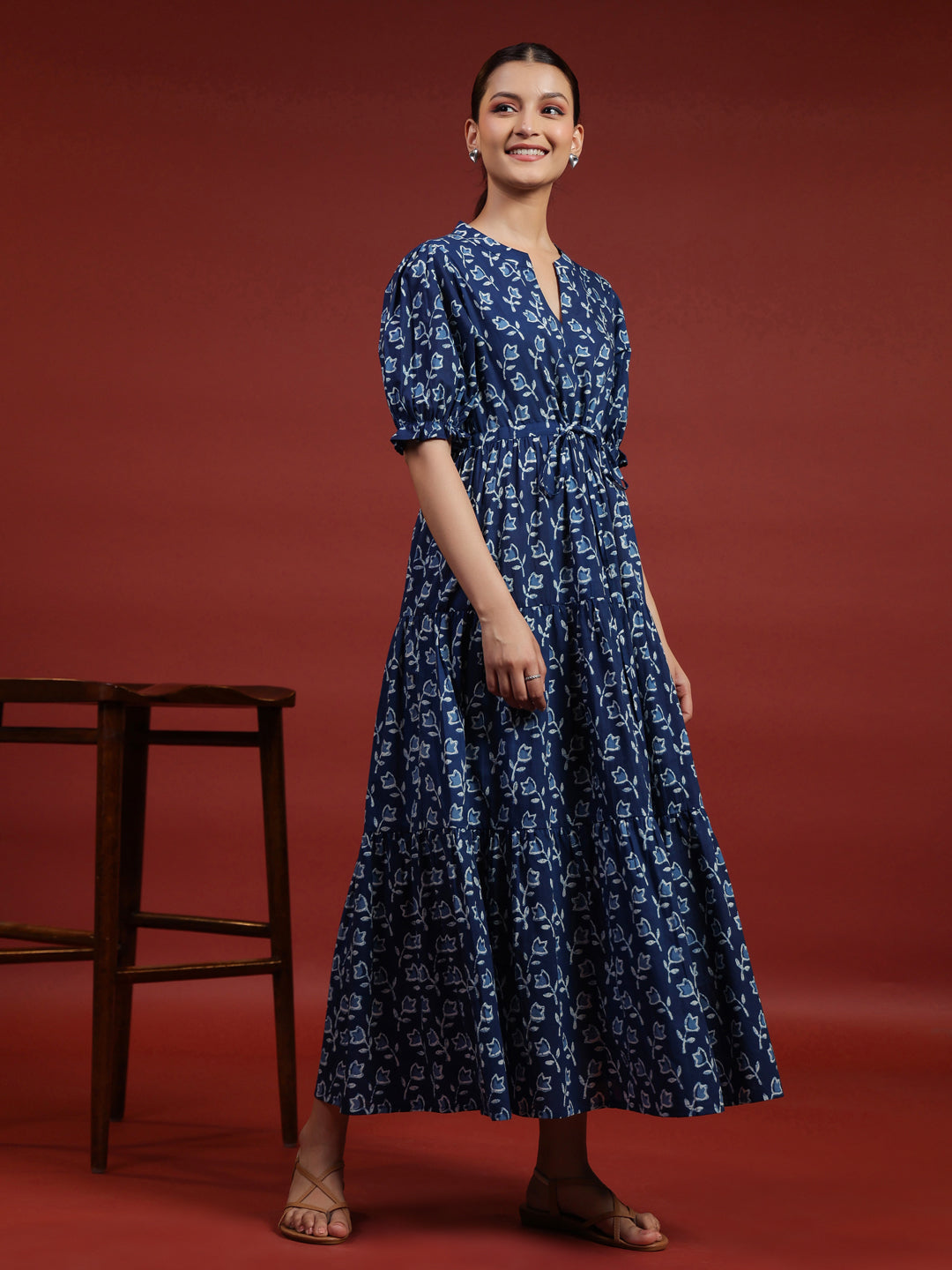 Women's Navy Blue Printed Tier Dress