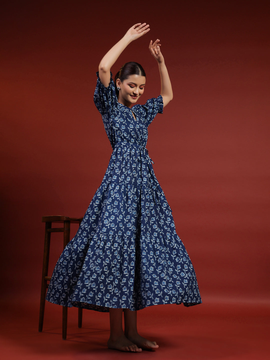 Women's Navy Blue Printed Tier Dress