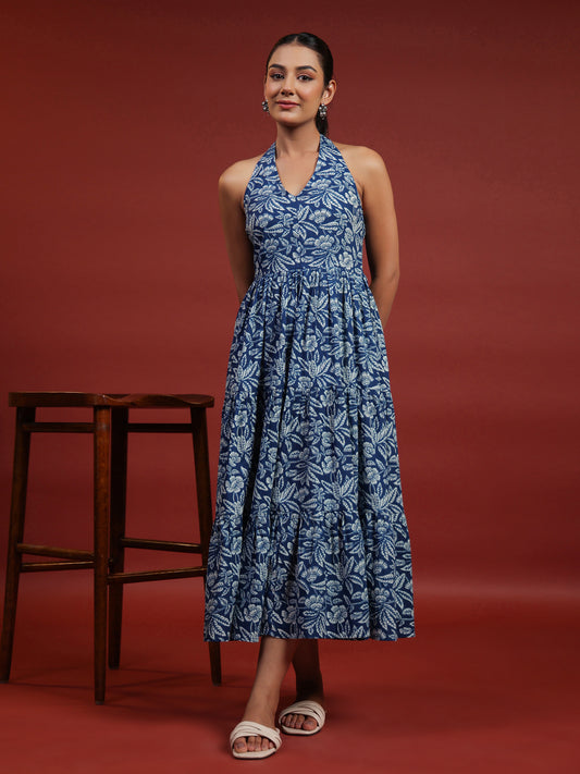 Women's Blue Printed Tier Dress