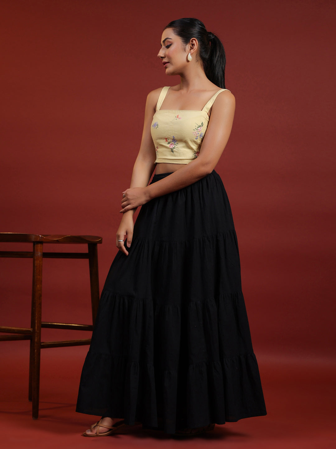 Flared Black Maxi Skirt For Women