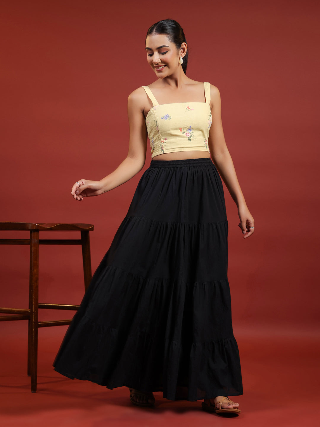 Flared Black Maxi Skirt For Women