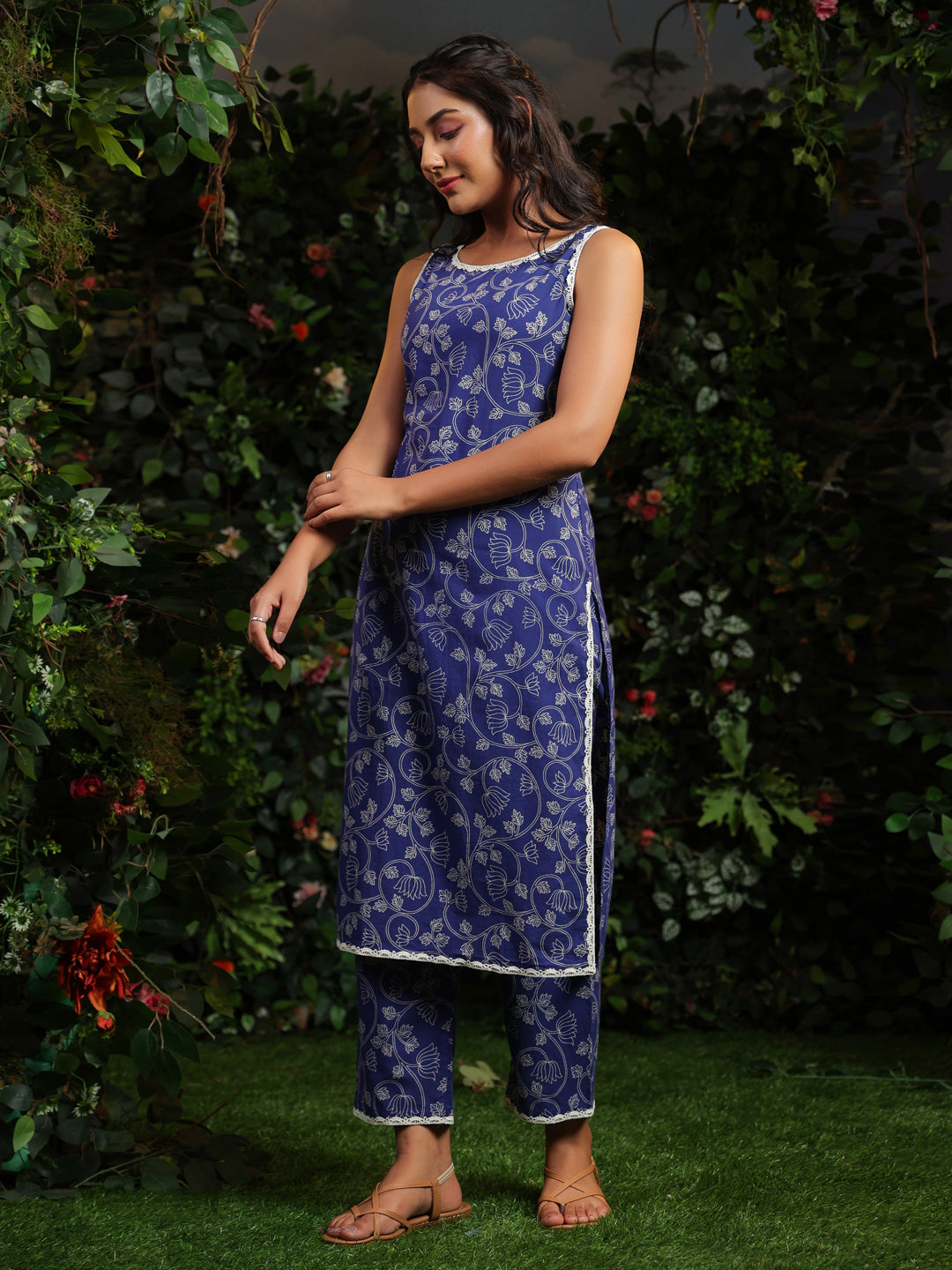 Women's Blue Printed Cotton Suit Set