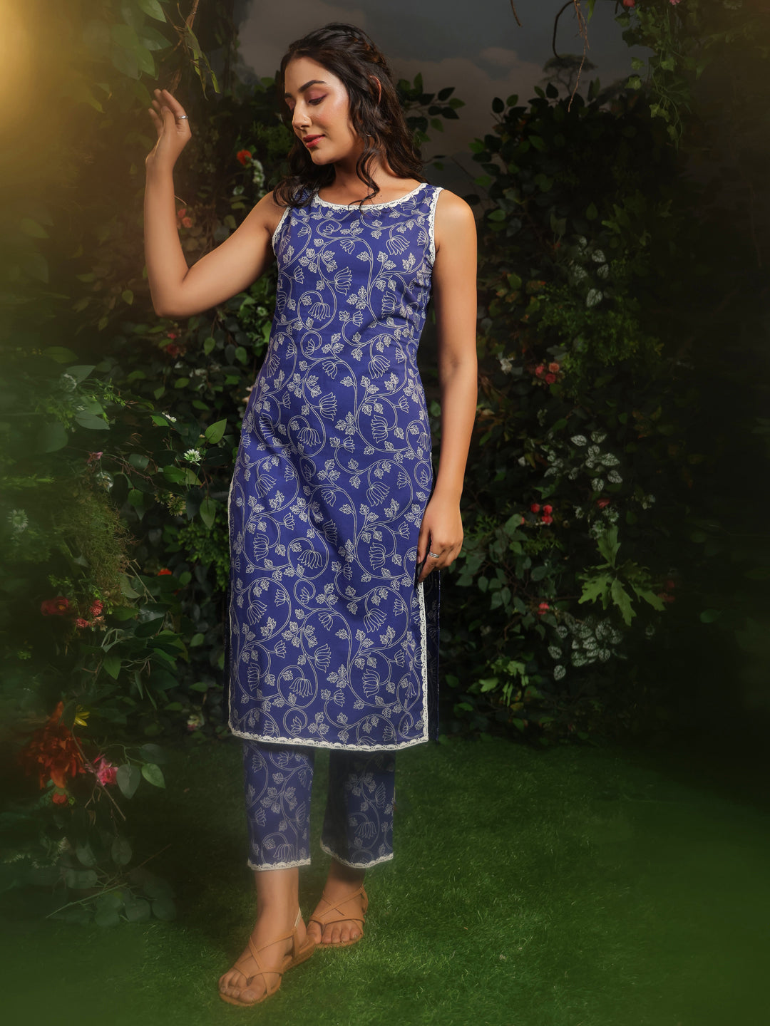 Women's Blue Printed Cotton Suit Set