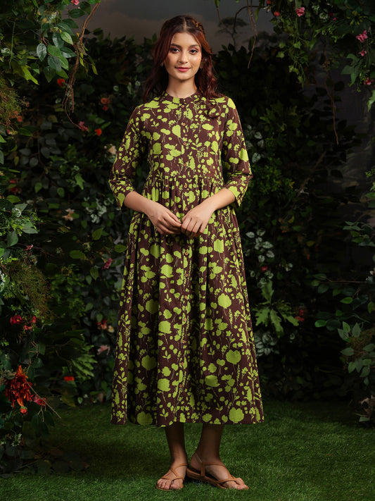 Women's Cotton Floral Printed Gathered Maxi Dress