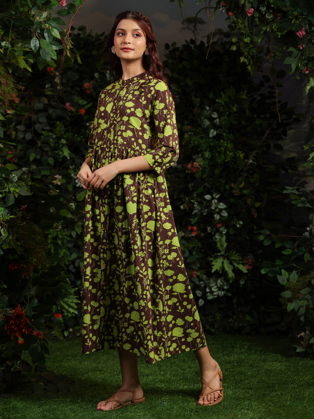 Women's Cotton Floral Printed Gathered Maxi Dress