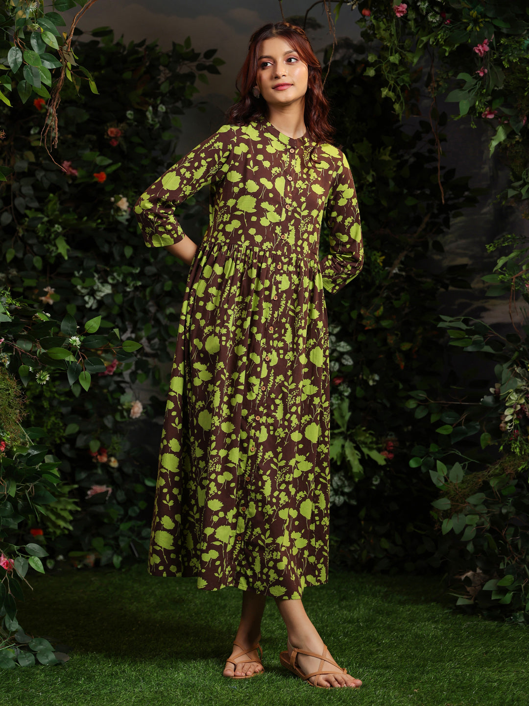 Women's Cotton Floral Printed Gathered Maxi Dress