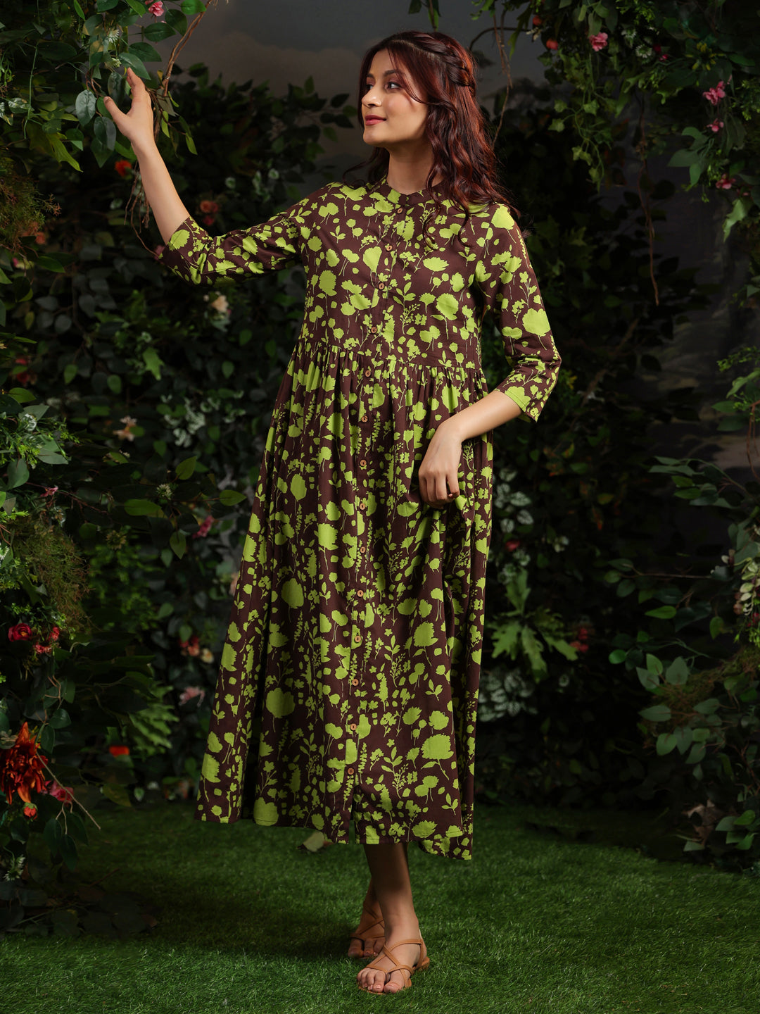 Women's Cotton Floral Printed Gathered Maxi Dress