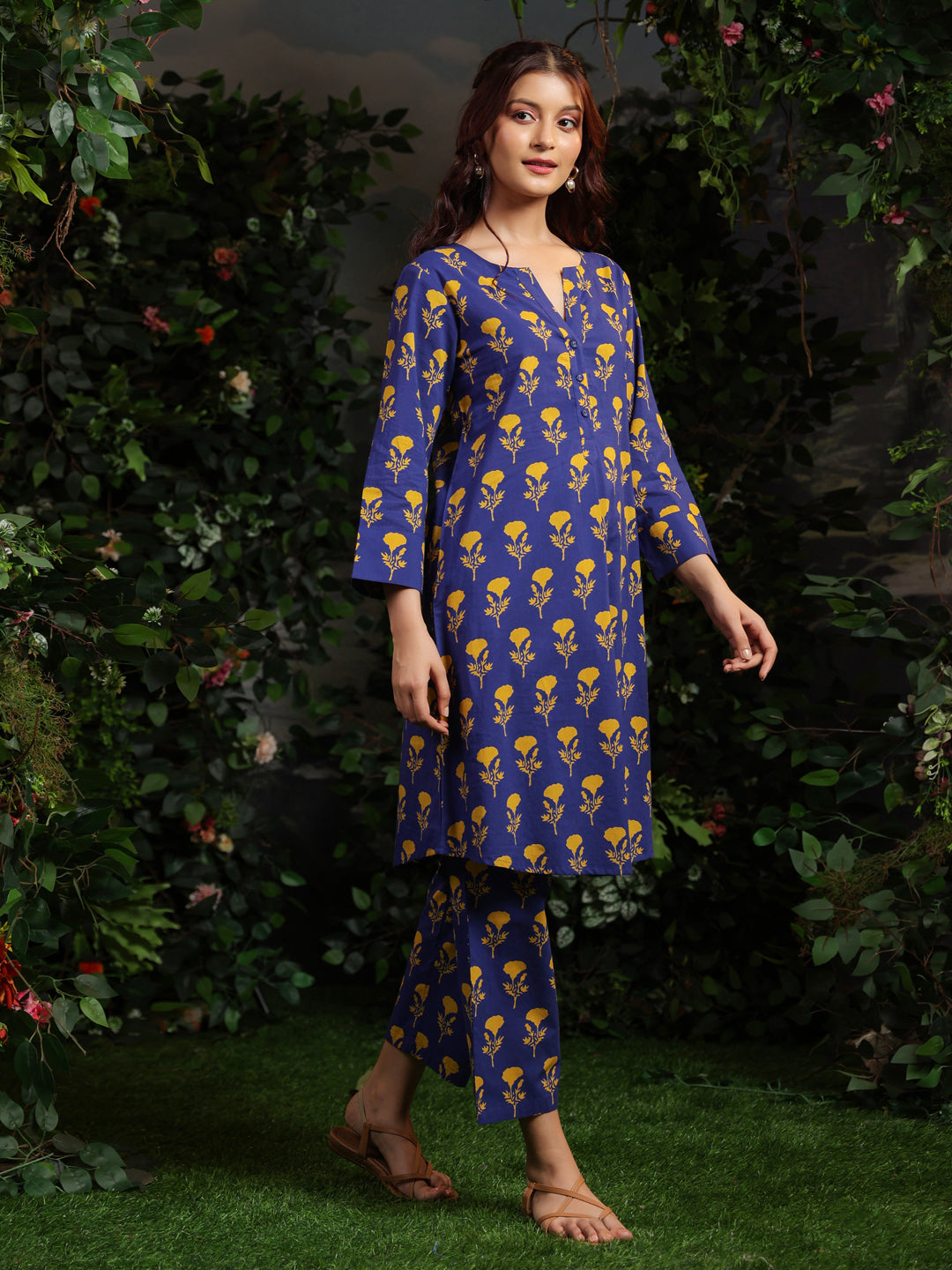 Women's Floral Blue Printed Cotton Suit Set