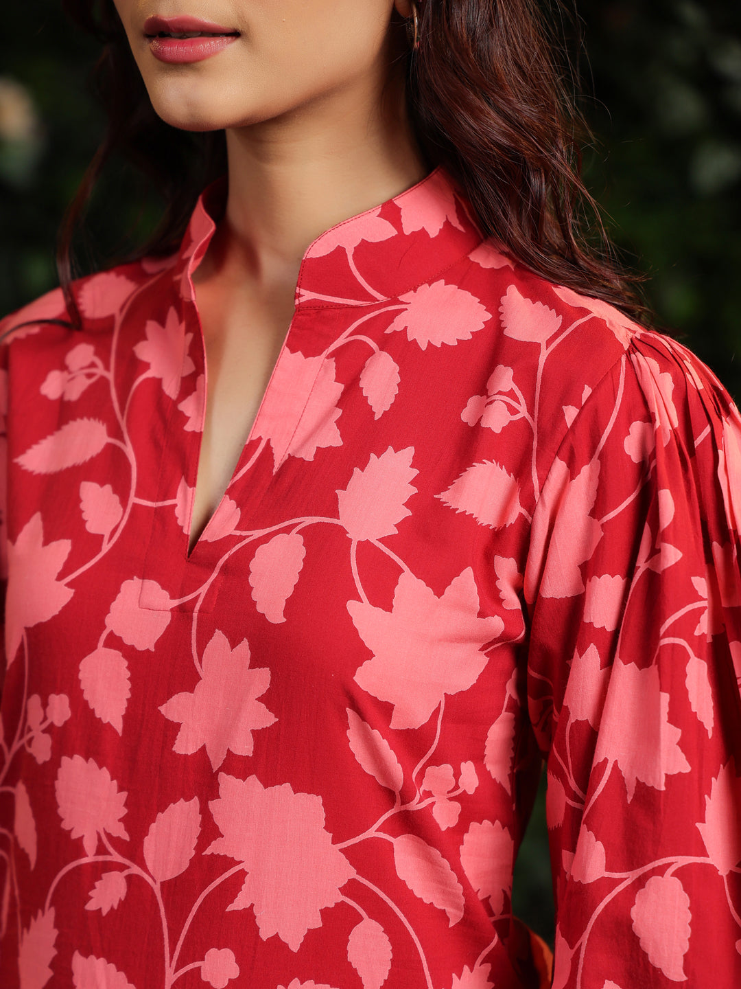 Women's Floral Red Printed Cotton Suit Set