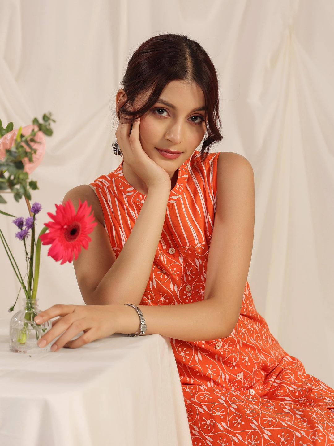 Women's Orange Printed Cotton Suit Set