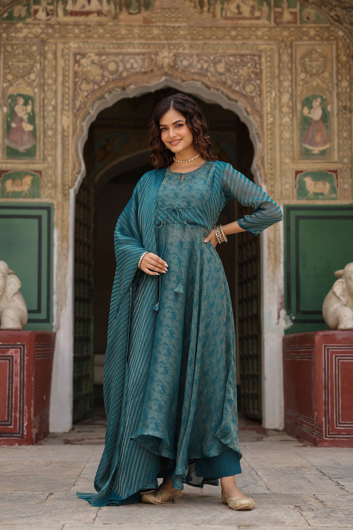 Women's Flared Jacquard Anarkali Kurta Set