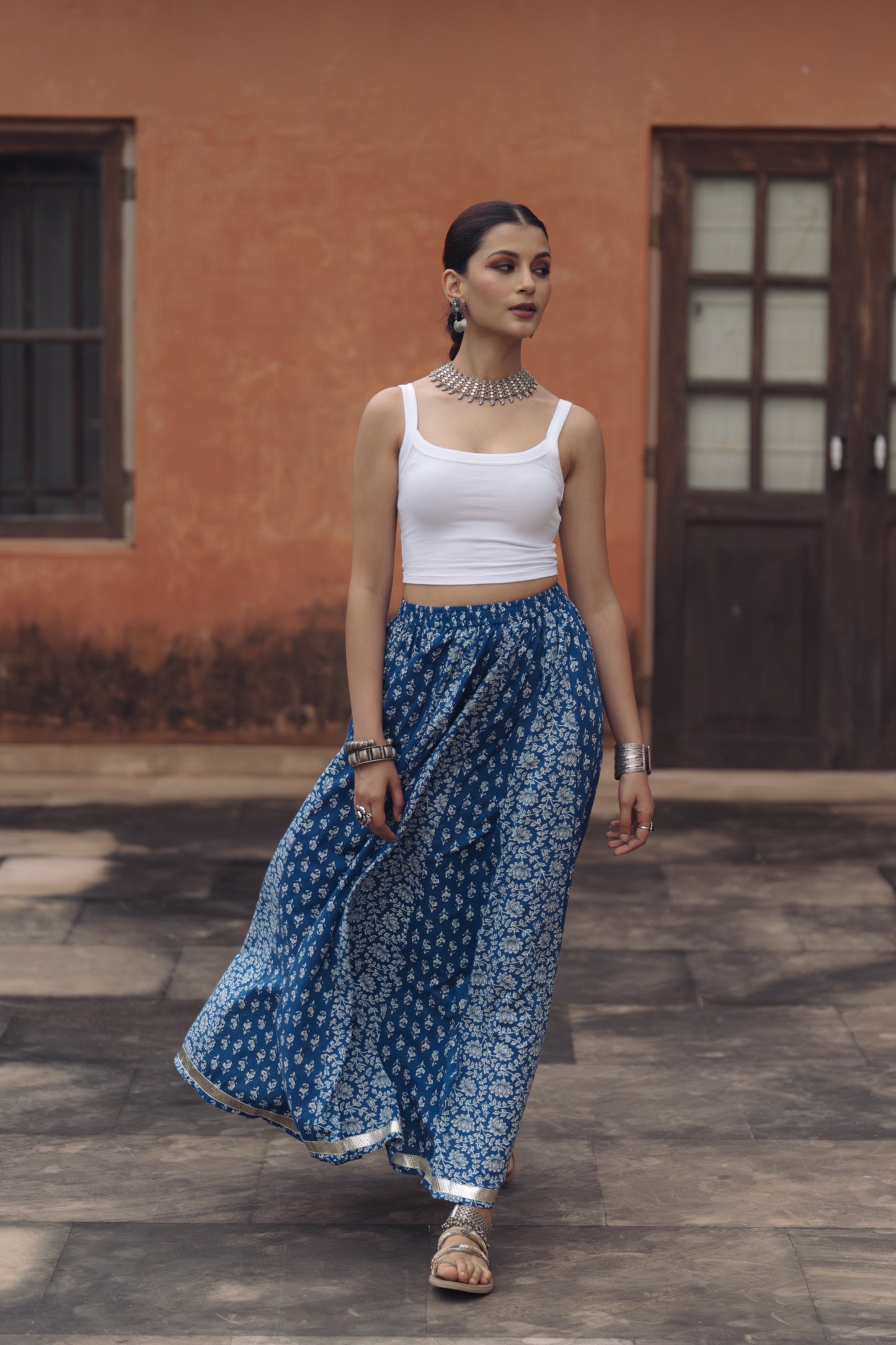 Women's Cotton Blue flared Maxi Skirt