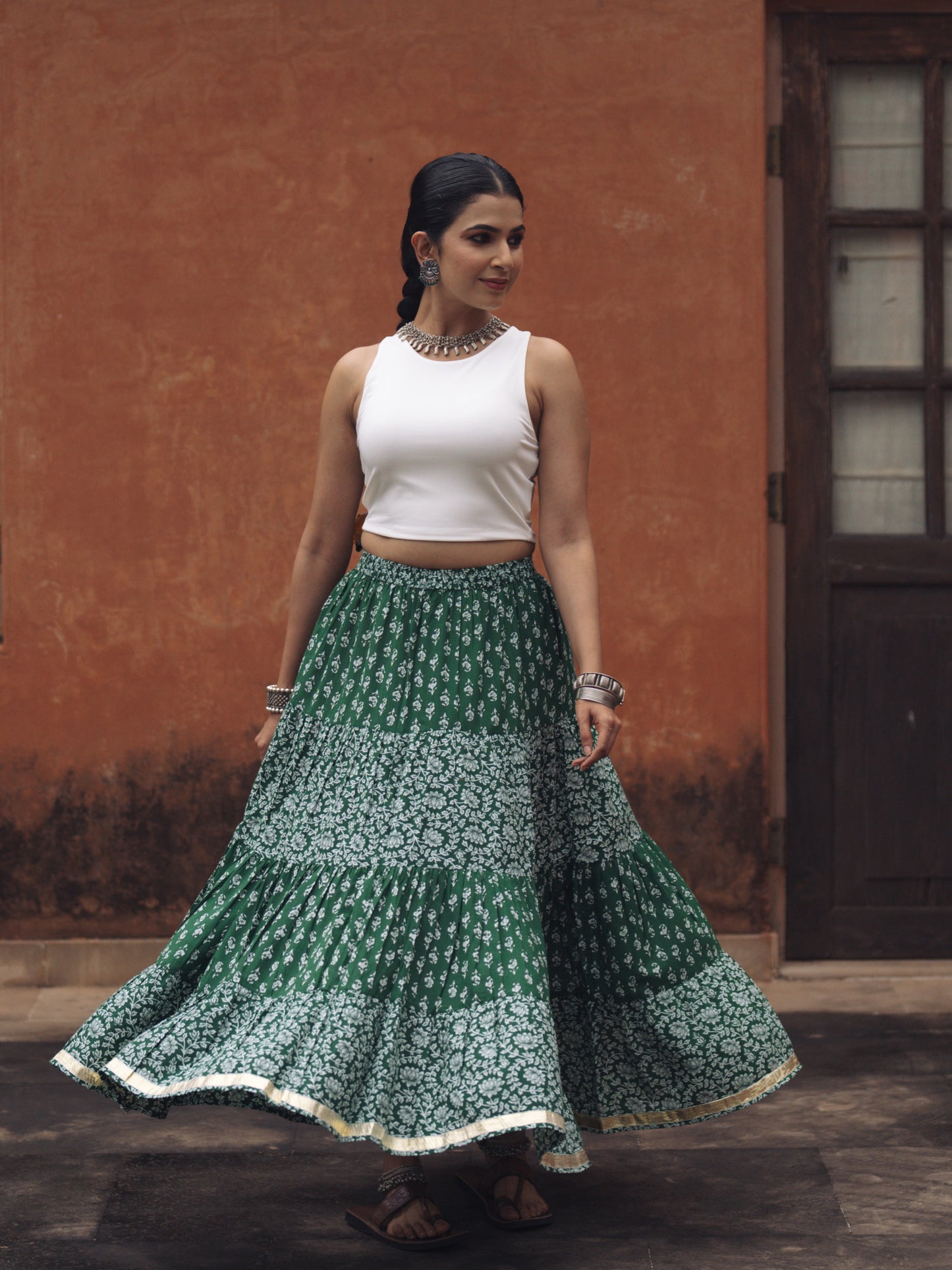 Women's Green Printed Tiered Skirt