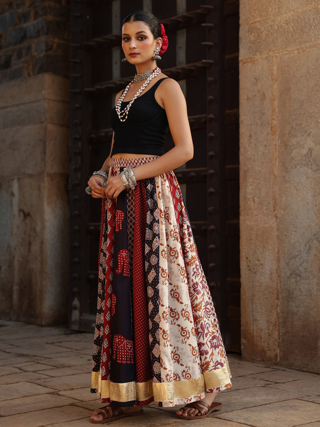 Women's Multi Printed Flared Long Skirt