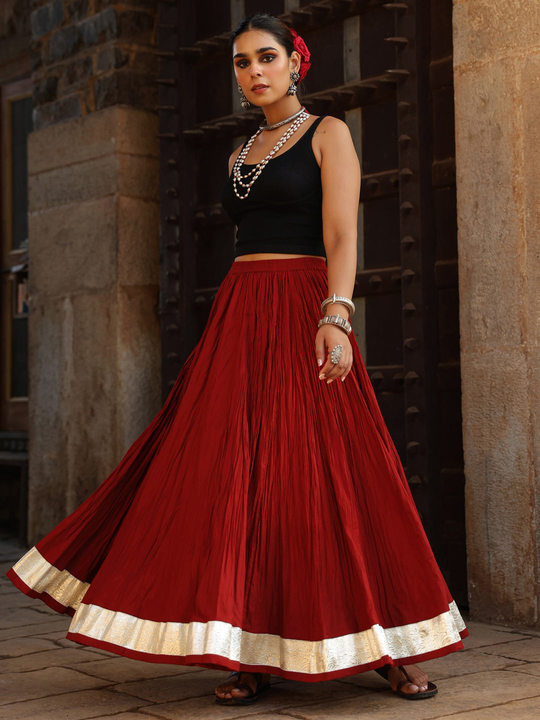 Women's Solid Flared Maroon Skirt