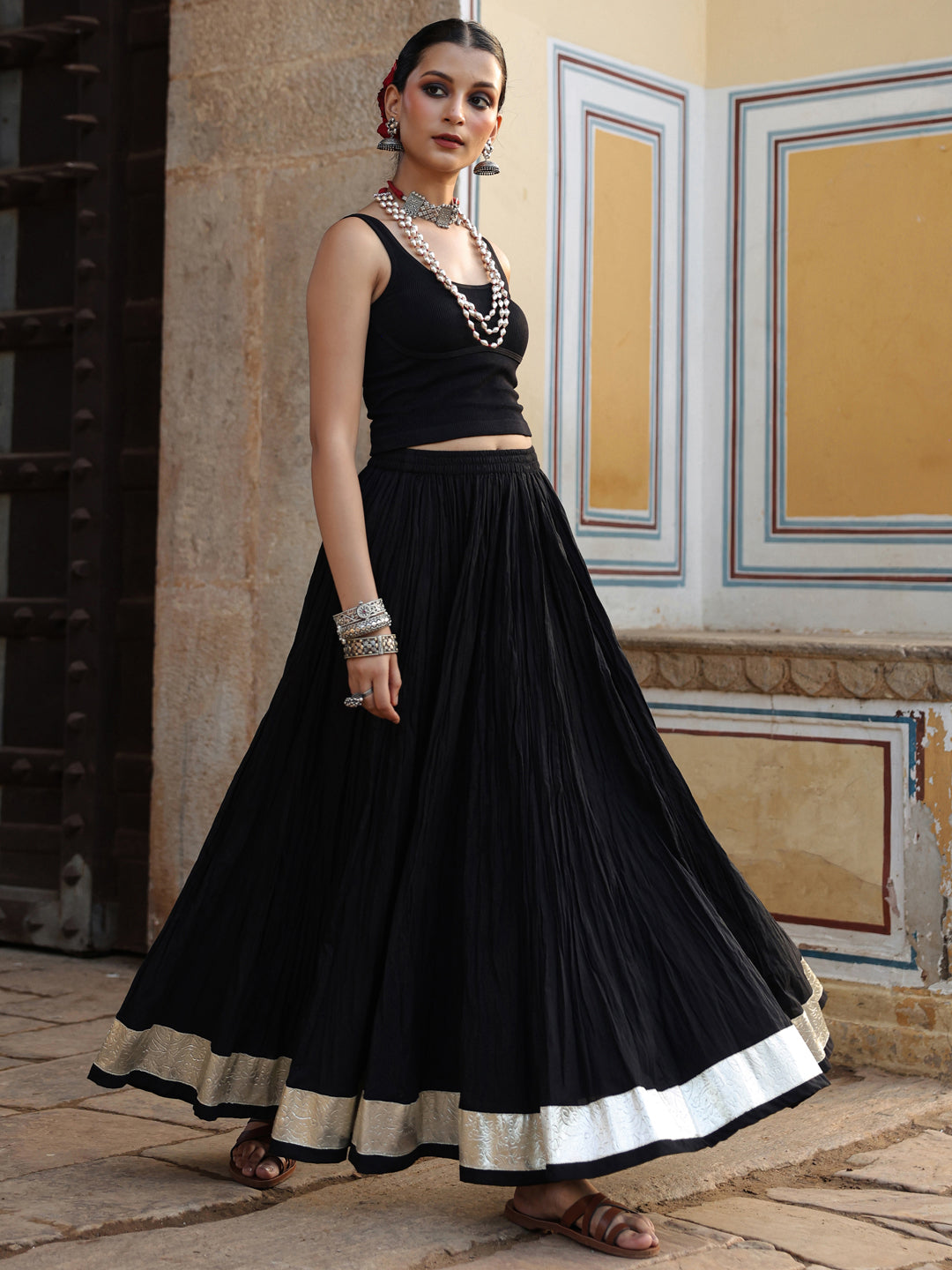 Women's Solid Flared Black Skirt