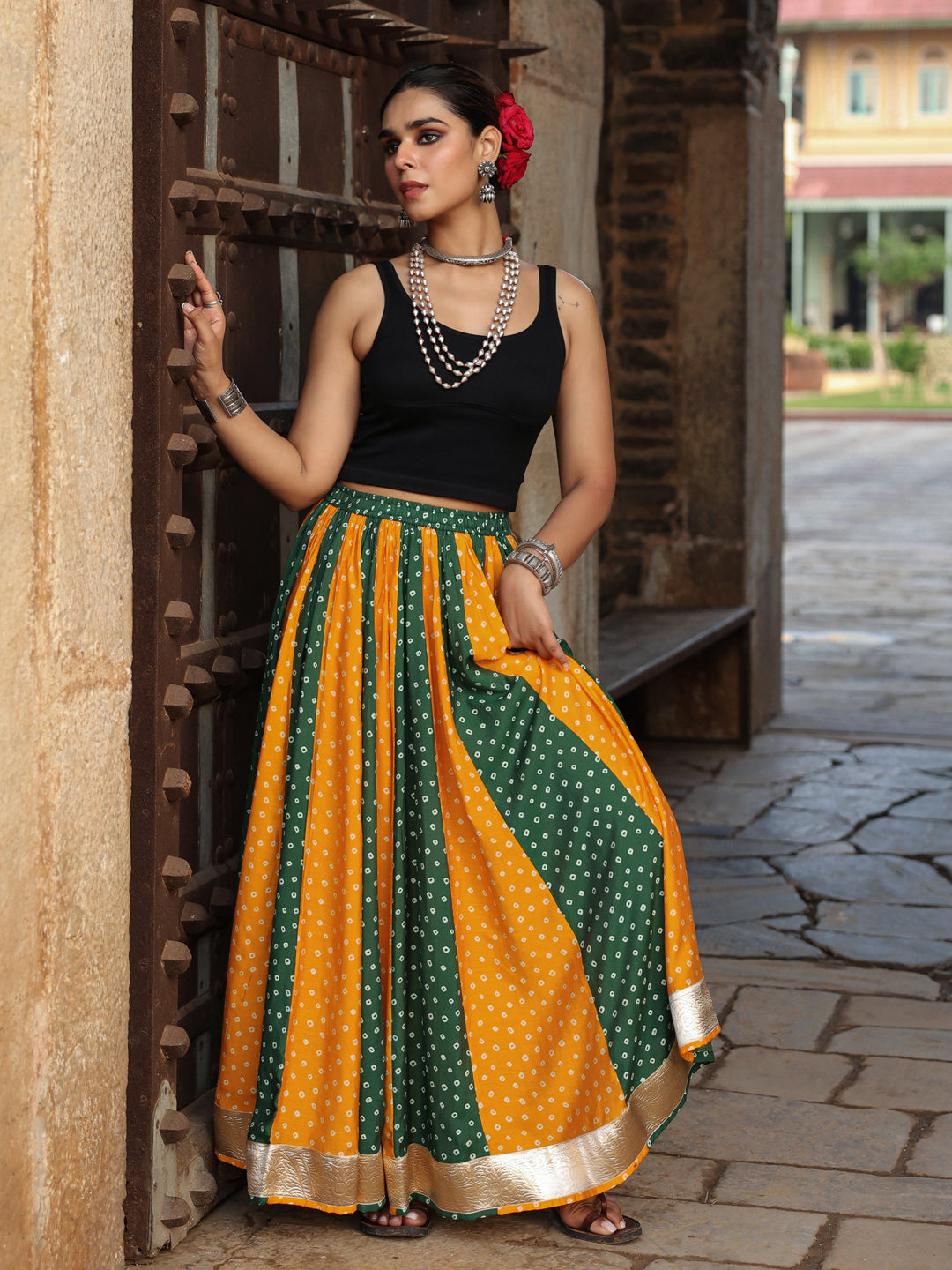 Women's Dual Coloured Bandhani Printed Long Skirt
