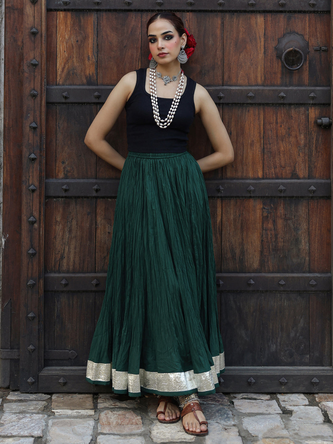 Women's Solid Flared Green Skirt